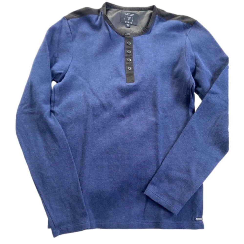 Guess blue and black button half placket long sleeve tee. Size M